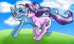 Size: 2000x1200 | Tagged: safe, artist:blayzes, starlight glimmer, trixie, pony, unicorn, g4, female, lesbian, mare, running, ship:startrix, shipping, song in the description