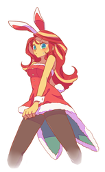 Size: 476x780 | Tagged: safe, artist:kkmrarar, edit, editor:jamalleymall, sunset shimmer, equestria girls, g4, blushing, bunny ears, clothes, cropped, female, looking at you, shorts, simple background, solo, sweat, white background