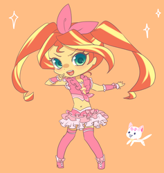 Size: 1200x1266 | Tagged: safe, artist:kkmrarar, sunset shimmer, cat, human, equestria girls, g4, alternate hairstyle, ami koshimizu, belly button, blushing, chibi, clothes, cure melody, female, houjou hibiki, humanized, hummy, japanese, looking at you, magical sunset-chan, midriff, miniskirt, open mouth, orange background, precure, shoes, simple background, skirt, socks, solo, suite precure, thigh highs, thigh socks, voice actor joke