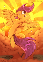 Size: 2540x3696 | Tagged: safe, artist:hioshiru, artist:sugaryviolet, edit, scootaloo, pegasus, pony, g4, belly, chest fluff, cliff, crying, cute, cutie mark, female, filly, floppy ears, flying, heart eyes, high res, long tail, scootaloo can fly, scooter, slender, smiling, solo, sunburst background, tail, tears of joy, the cmc's cutie marks, thin, wingding eyes