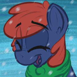 Size: 1000x1000 | Tagged: safe, artist:scritchy, oc, oc only, oc:scritchy, pony, clothes, eyes closed, holiday, scarf, smiling, snow, solo, winter