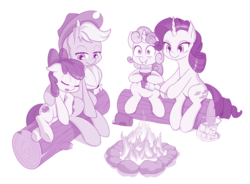 Size: 1280x940 | Tagged: safe, artist:dstears, apple bloom, applejack, rarity, sweetie belle, earth pony, pony, unicorn, campfire tales, g4, campfire, coffee, female, filly, food, log, marshmallow, rarity using marshmallows, roasting, sleeping, wide eyes