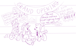 Size: 1280x800 | Tagged: safe, artist:dstears, apple bloom, applejack, rarity, sweetie belle, earth pony, pony, unicorn, g4, campfire, female, filly, hardware store, log, male, song reference, stallion, weird al yankovic