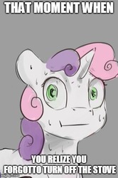 Size: 331x497 | Tagged: safe, artist:silfoe, edit, sweetie belle, pony, g4, caption, cropped, female, image macro, mare, solo, sweat, text