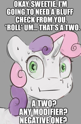 Size: 1000x1528 | Tagged: safe, artist:silfoe, edit, sweetie belle, pony, unicorn, g4, :t, caption, comic, dungeons and dragons, female, filly, gray background, image macro, magic, meme, pen and paper rpg, poker face, rpg, simple background, telekinesis, text