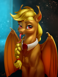Size: 1500x2000 | Tagged: safe, artist:samum41, applejack, bat pony, pony, vampire, g4, spoiler:comic, spoiler:comic33, applebat, bat ponified, braid, bust, female, looking at you, mare, portrait, race swap, red eyes, smiling, solo, tongue out