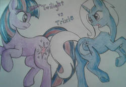 Size: 1024x710 | Tagged: safe, artist:enviaart, trixie, twilight sparkle, pony, unicorn, g4, colored pencil drawing, duo, female, mare, rearing, traditional art, underhoof, unicorn twilight