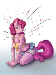 Size: 2772x3684 | Tagged: safe, artist:anadukune, pinkie pie, earth pony, anthro, g4, breasts, cleavage, clothes, female, high res, midriff, smiling, socks, solo, striped socks