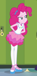 Size: 308x625 | Tagged: safe, screencap, pinkie pie, equestria girls, g4, my little pony equestria girls: better together, stressed in show, stressed in show: pinkie pie, arm behind back, clothes, cropped, cute, female, geode of sugar bombs, hairband, magical geodes, pantyhose, rah rah skirt, sandals, skirt, smiling