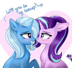 Size: 1616x1526 | Tagged: safe, artist:queenofsilvers, starlight glimmer, trixie, twilight sparkle, alicorn, pony, unicorn, blushing, chest fluff, cup, cute, dialogue, diatrixes, duo, dx, female, floppy ears, glimmerbetes, heart, lesbian, looking at each other, mare, shipping, signature, smiling, startrix, teacup, text, that pony sure does love teacups, twilight sparkle (alicorn)