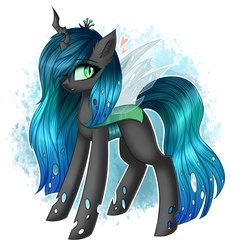 Size: 1665x1700 | Tagged: safe, artist:queenofsilvers, queen chrysalis, changeling, changeling queen, g4, crown, cute, cutealis, ear fluff, female, hair over one eye, heart, jewelry, long mane, looking at you, one eye closed, regalia, smiling, solo, transparent wings, wings