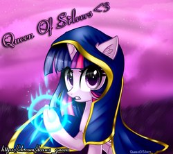Size: 2173x1927 | Tagged: safe, artist:queenofsilvers, twilight sparkle, alicorn, pony, g4, cloak, clothes, crossover, glowing hooves, jaina proudmoore, magic, twilight sparkle (alicorn), warcraft, watermark, world of warcraft