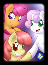 Size: 840x1140 | Tagged: safe, artist:lamia, apple bloom, scootaloo, sweetie belle, earth pony, pegasus, pony, unicorn, g4, adorabloom, bow, cute, cutealoo, cutie mark crusaders, diasweetes, female, filly, hair bow, looking at you, misleading thumbnail, open mouth, smiling