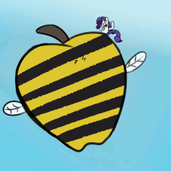 Size: 1280x1280 | Tagged: safe, artist:davierocket, rarity, pony, g4, angry, animate object, animated, apple, bee wings, eyes closed, female, fight, food, giant apple, gif, mare, open mouth, pun, rarity fighting a giant applebee's, size difference, sky, visual pun, wat