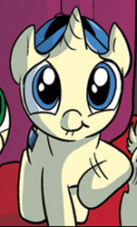 Size: 159x263 | Tagged: safe, idw, pony, unicorn, spoiler:comic, spoiler:comicm08, cap, colt, cropped, dewey (pony), dewey duck, ducktales, hat, male, ponified, smiling