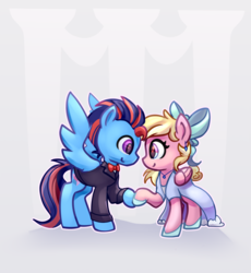 Size: 1280x1393 | Tagged: safe, artist:lilfunkman, oc, oc only, oc:andrew swiftwing, oc:bay breeze, pegasus, pony, bow, bowtie, clothes, couple, cute, dancing, dress, duo, duo male and female, ear piercing, earring, female, folded wings, hair bow, jewelry, male, mare, necklace, oc x oc, piercing, shipping, shoes, smiling, spread wings, stallion, straight, suit, swiftbreeze, wings