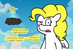 Size: 1100x750 | Tagged: safe, lightning dust, surprise, pony, g4, cloud, funny, prank, smiling
