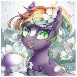 Size: 1280x1280 | Tagged: safe, artist:tingsan, oc, oc only, bat pony, pony, bat pony oc, commission, female, flower, flower in hair, mare, multicolored hair, solo