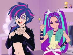 Size: 1600x1200 | Tagged: safe, artist:rileyav, aria blaze, twilight sparkle, human, equestria girls, g4, alternate hairstyle, belly button, clothes, duo, eyeshadow, female, fishnet stockings, human coloration, humanized, jacket, leather jacket, light skin, makeup, midriff, punklight sparkle, thumbs up