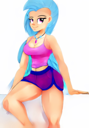 Size: 1024x1462 | Tagged: safe, artist:cosmonaut, silverstream, human, g4, breasts, busty silverstream, cleavage, clothes, female, humanized, jewelry, looking at you, mohawk, necklace, shorts, smiling, solo, wide hips