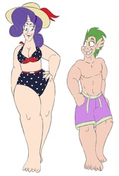 Size: 1449x2148 | Tagged: safe, artist:catstuxedo, rarity, spike, human, g4, barefoot, blue swimsuit, breasts, busty rarity, clothes, feet, female, green hair, hand on hip, hat, high waisted bikini, humanized, male, polka dot swimsuit, purple swimsuit, ship:sparity, shipping, straight, swimsuit