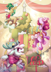 Size: 2481x3508 | Tagged: safe, artist:cutepencilcase, alice the reindeer, aurora the reindeer, bori the reindeer, deer, pony, reindeer, best gift ever, g4, adoralice, aurorable, boribetes, christmas, christmas tree, cloven hooves, cute, female, flying, hearth's warming, high res, holiday, present, smiling, the gift givers, tree