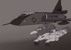 Size: 5000x3500 | Tagged: safe, artist:loki-bagel, oc, oc:delta dart, hippogriff, f-106 delta dart, fighter plane, flying, interceptor, monochrome, namesake, talons