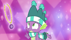 Size: 1280x720 | Tagged: safe, screencap, spike, dragon, g4, my little pony best gift ever, abstract background, clothes, hat, jewelry, male, necklace, purple background, scarf, simple background, solo, striped scarf, winged spike, wings, winter outfit