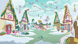 Size: 1280x720 | Tagged: safe, screencap, bon bon, caramel, lyra heartstrings, mochaccino, peppermint goldylinks, rare find, roseluck, spike, sweetie drops, twinkleshine, dragon, earth pony, pegasus, pony, unicorn, g4, my little pony best gift ever, background pony, christmas, christmas lights, clothes, female, friendship student, hat, hearth's warming lights, hearth's warming tree, holiday, magic, male, mare, neckerchief, ponyville, scarf, snow, stallion, striped scarf, telekinesis, tree, winter, winter outfit