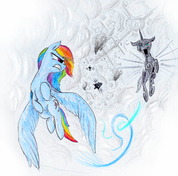 Size: 915x905 | Tagged: safe, artist:t72b, derpibooru exclusive, rainbow dash, changeling, pony, g4, aerobatics, canterlot, city, cityscape, cloud, fight, flying, gritted teeth, partial color, smoke, traditional art