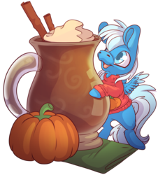 Size: 5093x5642 | Tagged: safe, artist:cutepencilcase, oc, oc only, oc:bluebreeze, pegasus, pony, absurd resolution, commission, male, micro, mug, pumpkin, solo, stallion, ych result