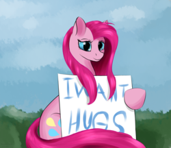 Size: 2040x1760 | Tagged: safe, artist:renarde-louve, pinkie pie, earth pony, pony, g4, clear motivation, female, hug request, pinkamena diane pie, sign, smiling, solo