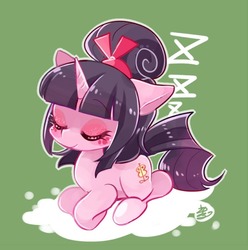 Size: 700x705 | Tagged: safe, artist:sibashen, oc, oc only, oc:judgement rule, pony, unicorn, cloud, eyes closed, eyeshadow, female, floppy ears, hair bun, lying down, makeup, mare, on a cloud, simple background, smiling, solo, zzz