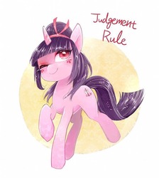 Size: 700x780 | Tagged: safe, artist:sibashen, oc, oc only, oc:judgement rule, pony, unicorn, eyeshadow, female, hair bun, looking up, makeup, mare, one eye closed, raised leg, simple background, smiling, solo, wink