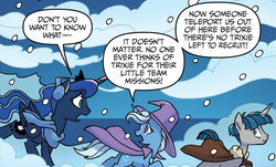 Size: 1134x683 | Tagged: safe, artist:tony fleecs, idw, princess luna, stygian, trixie, alicorn, pony, unicorn, g4, nightmare knights, spoiler:comic, spoiler:comicnightmareknights02, cloak, clothes, earmuffs, female, male, mare, scarf, snow, stallion