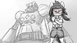Size: 2732x1536 | Tagged: safe, artist:spheedc, oc, oc only, oc:sphee, earth pony, semi-anthro, arm hooves, bipedal, clothes, crossed arms, female, filly, giant robot, glasses, gradient background, headband, lens flare, mare, mecha, monochrome, sketch, solo, windswept mane