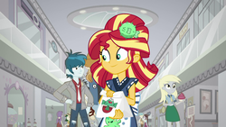 Size: 1920x1080 | Tagged: safe, screencap, bright idea, derpy hooves, starlight, sunset shimmer, thunderbass, valhallen, equestria girls, g4, good vibes, my little pony equestria girls: summertime shorts, background human, canterlot mall, female, male, mall, sunset sushi, waitress