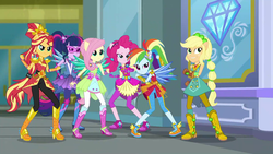 Size: 1920x1080 | Tagged: safe, screencap, applejack, fluttershy, pinkie pie, rainbow dash, sci-twi, sunset shimmer, twilight sparkle, equestria girls, equestria girls series, g4, super squad goals, boots, cowboy boots, crystal guardian, female, geode of empathy, geode of sugar bombs, geode of super speed, geode of super strength, geode of telekinesis, high heel boots, magical geodes, ponied up, shoes