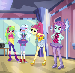 Size: 1105x1069 | Tagged: safe, screencap, lemon zest, sour sweet, sugarcoat, sunny flare, equestria girls, equestria girls specials, g4, my little pony equestria girls: dance magic, boots, clothes, converse, cropped, crystal prep shadowbolts, disco dress, female, glasses, group, headphones, high heel boots, pigtails, ponytail, quartet, shoes, sleeveless, sneakers, street ballet tutu, sugarcoat tutu, twintails, zest best dress
