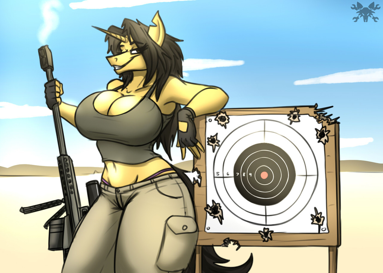 1209095 - safe, artist:thedrunkcoyote, oc, oc only, oc:amber steel,  species:anthro, species:pony, species:unicorn, big breasts, breasts,  cleavage, clothing, deathclaw, fallout, fallout 4, fangs, female, glowing  eyes, handgun, jumpsuit, overalls