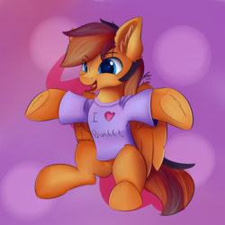 Size: 1500x1500 | Tagged: safe, artist:lunar froxy, oc, oc only, oc:autumn (darky) nights, pegasus, pony, clothes, ear fluff, eye clipping through hair, frog (hoof), happy, shirt, simple background, smiling, solo, underhoof