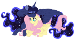 Size: 1024x585 | Tagged: safe, alternate version, artist:azure-art-wave, edit, fluttershy, princess luna, pony, coat markings, cuddling, cute, daaaaaaaaaaaw, dappled, ethereal mane, eyes closed, female, flowing mane, freckles, happy, intertwined tails, lesbian, lunabetes, lunashy, prone, romantic, shipping, shyabetes, simple background, smiling, starry mane, transparent background