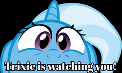 Size: 1500x898 | Tagged: safe, artist:sidorovich, edit, trixie, pony, unicorn, g4, magic duel, caption, cropped, female, image macro, looking at you, meme, she knows, solo, text, text edit, watching