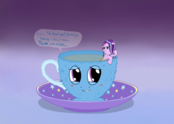Size: 1419x1012 | Tagged: safe, artist:ultrathehedgetoaster, starlight glimmer, trixie, pony, unicorn, g4, blushing, coaster, cup, dialogue, gradient background, inanimate tf, smiling, teacup, that pony sure does love teacups, transformation, trixie teacup, wet mane