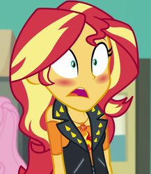 Size: 937x1079 | Tagged: safe, screencap, sunset shimmer, equestria girls, equestria girls specials, g4, my little pony equestria girls: better together, my little pony equestria girls: forgotten friendship, blushing, cropped, female, geode of empathy, magical geodes, offscreen character, shrunken pupils, solo focus