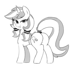 Size: 1029x957 | Tagged: safe, artist:hearlesssoul, oc, oc only, oc:cotton candy, pony, unicorn, bedroom eyes, black and white, butt, female, flank, grayscale, mare, monochrome, plot, saddle, scrunchie, simple background, solo, tack, tail wrap, white background