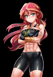 Size: 600x867 | Tagged: safe, artist:tzc, sunset shimmer, equestria girls, abs, anime, badass, big breasts, black background, blushing, breasts, busty sunset shimmer, cleavage, clothes, commission, compression shorts, cutie mark on clothes, female, fingerless gloves, gloves, green eyes, human coloration, mma, muscles, muscular female, serious, serious face, sexy, shorts, simple background, solo, sunset lifter, thighs