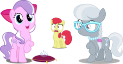 Size: 4285x2233 | Tagged: safe, artist:brony-works, artist:dashiesparkle edit, artist:magerblutooth, artist:misteraibo, artist:sollace, edit, editor:slayerbvc, vector edit, apple bloom, diamond tiara, silver spoon, earth pony, pony, accessory swap, accessory-less edit, apple bloom's bow, bow, cushion, cute, cutie mark, diamondbetes, female, filly, glasses, hair bow, jewelry, necklace, pillow, show accurate, simple background, smiling, the cmc's cutie marks, tiara, transparent background, vector, wide eyes