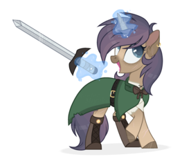 Size: 1024x953 | Tagged: safe, artist:_spacemonkeyz_, oc, oc only, oc:clementine, pony, unicorn, cloak, clothes, female, magic, mare, simple background, solo, sword, transparent background, weapon