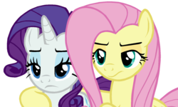 Size: 1409x844 | Tagged: safe, artist:twilirity, fluttershy, rarity, changeling, pony, g4, to where and back again, disguise, disguised changeling, fake fluttershy, fake rarity, reaction image, simple background, transparent background
